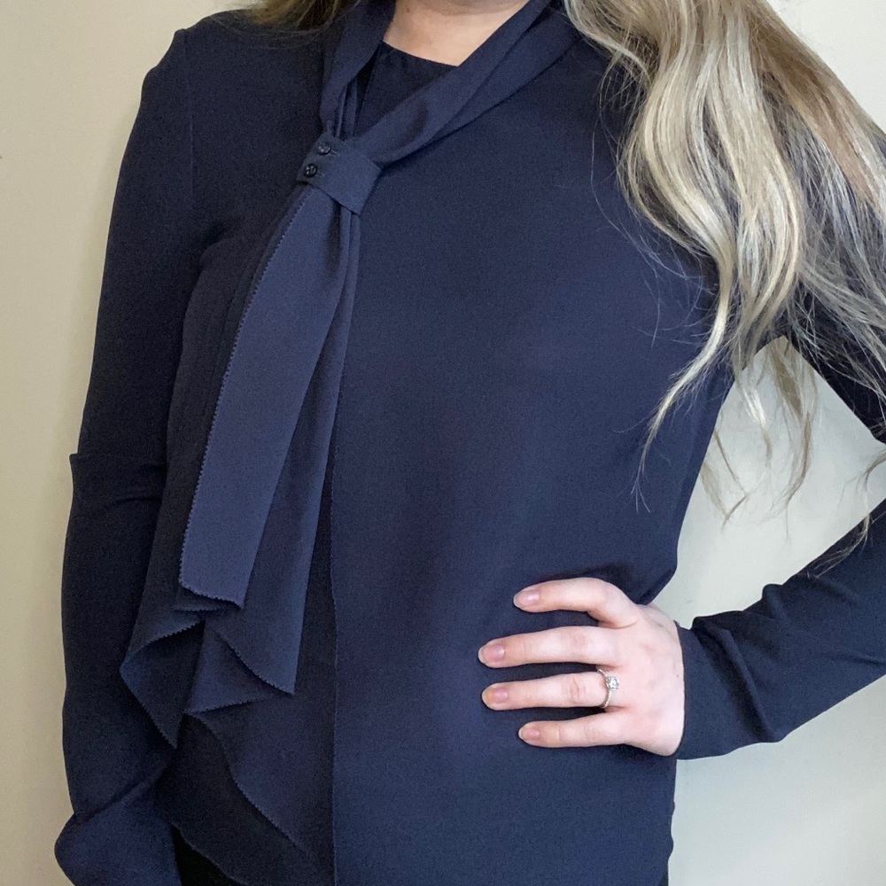 Navy Tory Burch Long Sleeve Tie Neck Silk Blouse